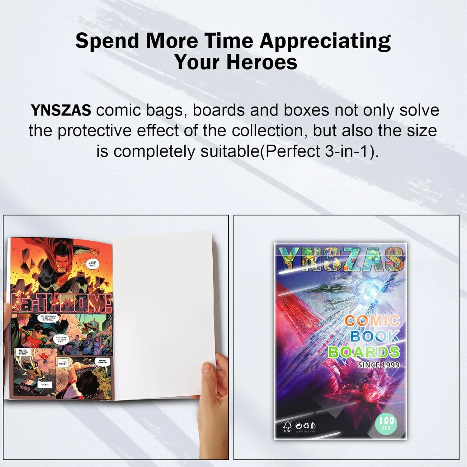 100 YNSZAS RESEALABLE Comic Book Bags and Boards, 7x10.5 Inch | 7.125x11.5 Inch, Comic Storage Sleeves and Boards, 20% Thicker Better Comic Collection Display, Certified Acid-Free