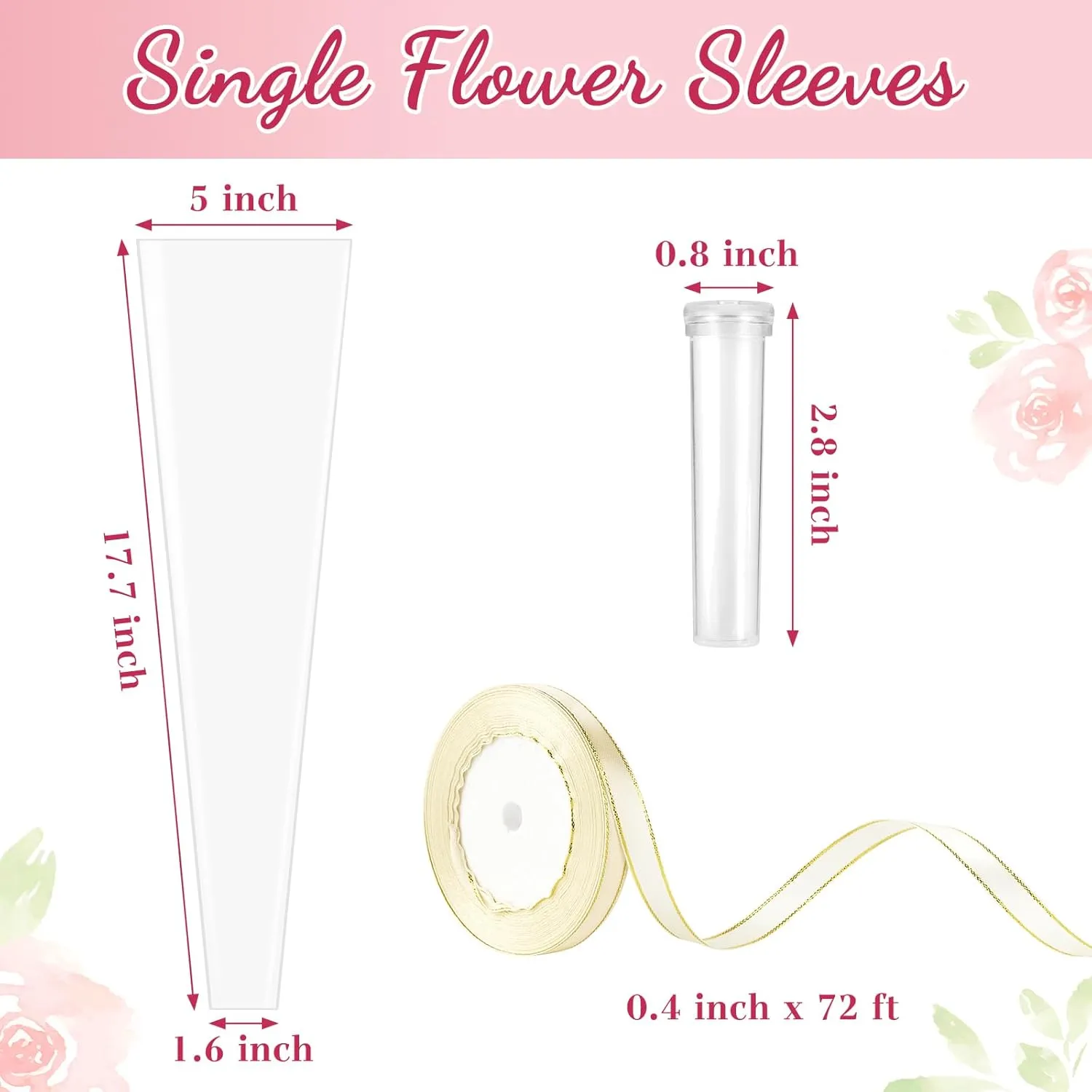 100Pcs Single Rose Sleeves with 100 Pcs Floral Water Tubes and Ribbons, Single Flower Bags Plastic Flower Wrap for Mother's Day, Wedding, Birthday, Florist Supplies (Transparent)
