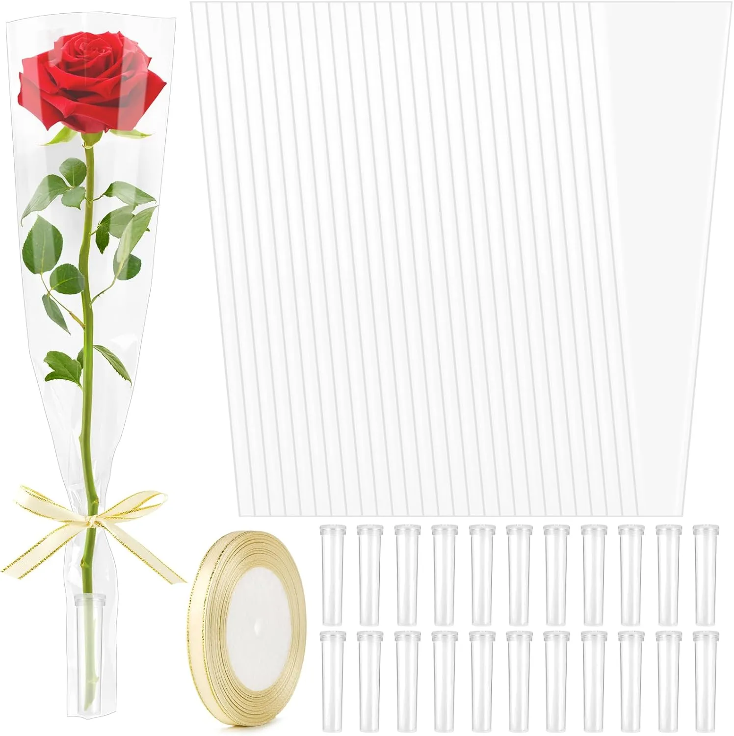100Pcs Single Rose Sleeves with 100 Pcs Floral Water Tubes and Ribbons, Single Flower Bags Plastic Flower Wrap for Mother's Day, Wedding, Birthday, Florist Supplies (Transparent)
