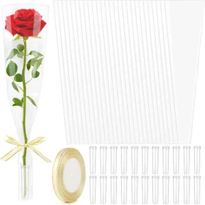 100Pcs Single Rose Sleeves with 100 Pcs Floral Water Tubes and Ribbons, Single Flower Bags Plastic Flower Wrap for Mother's Day, Wedding, Birthday, Florist Supplies (Transparent)