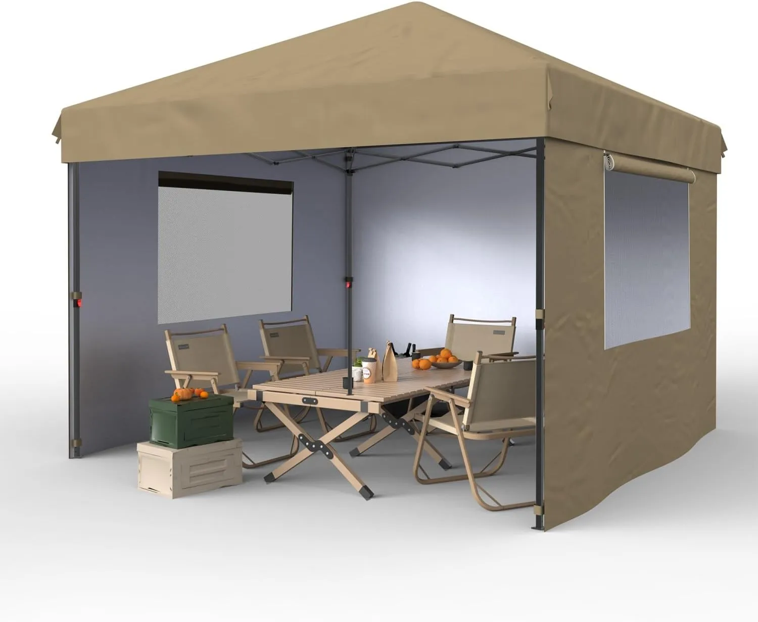10x10 Pop Up Canopy with 3 Sidewalls - Easy Up Camping Tent with One Button Push Setup - 1 Roller Bag, 3 Adjustable Height, 4 Weight Bags for Deck, Garden, Sports, Beach, Party - Khaki