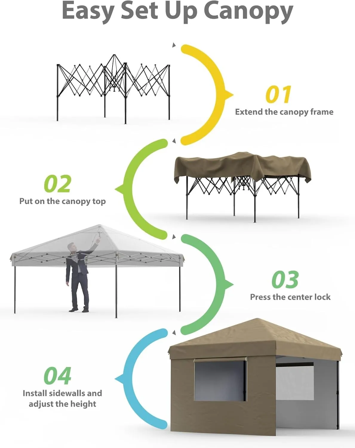 10x10 Pop Up Canopy with 3 Sidewalls - Easy Up Camping Tent with One Button Push Setup - 1 Roller Bag, 3 Adjustable Height, 4 Weight Bags for Deck, Garden, Sports, Beach, Party - Khaki