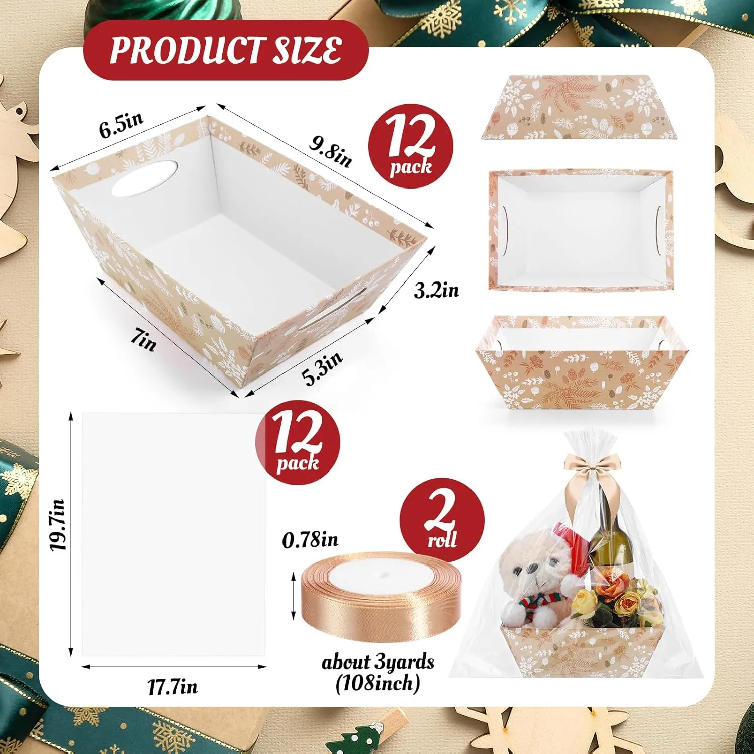 12Pack Christmas Baskets for Gifts Empty Christmas Baskets with Bags Bows Ribbons Bulk DIY Gift Basket Box Trays with Handles for Xmas Holiday Birthday Party Favors(Pine)