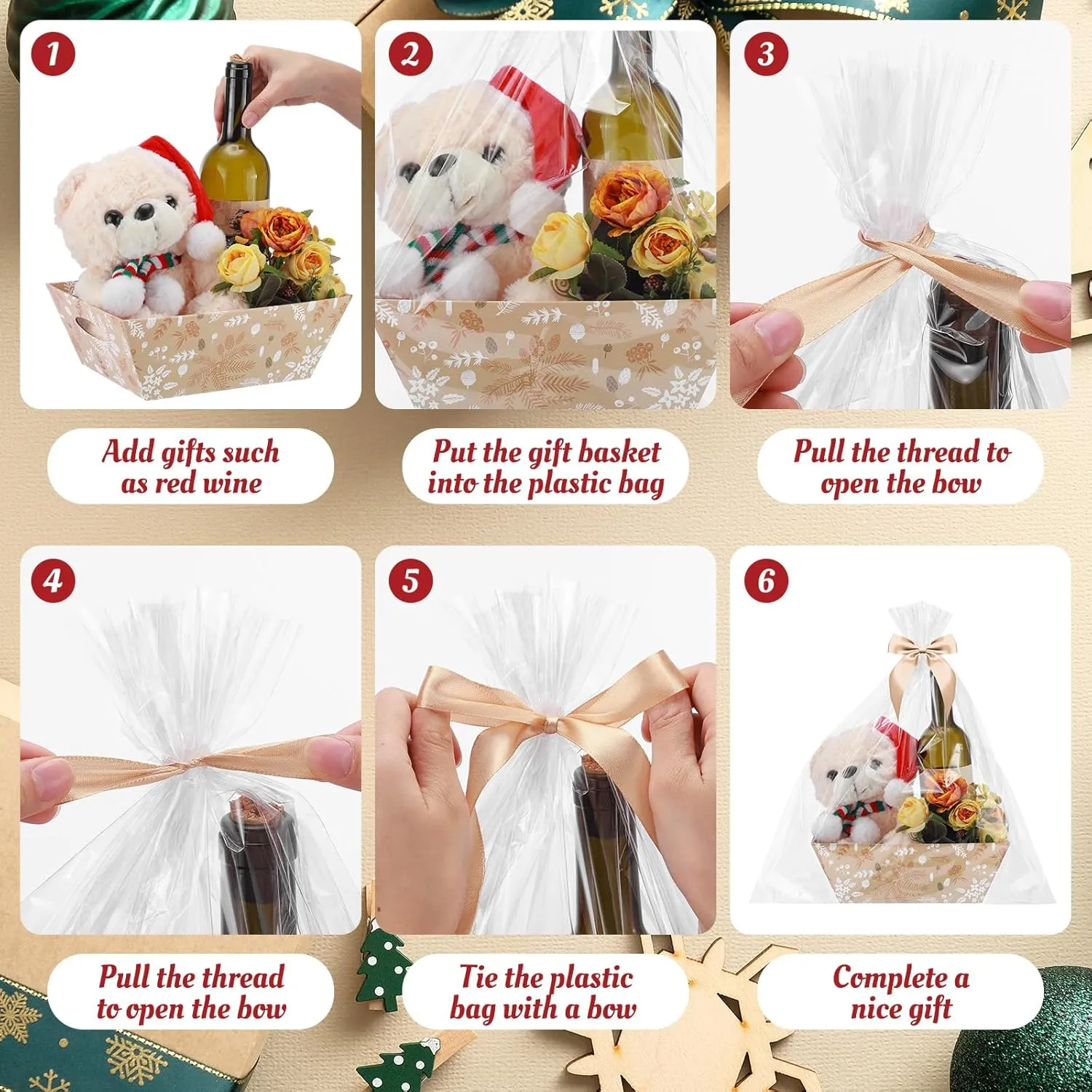 12Pack Christmas Baskets for Gifts Empty Christmas Baskets with Bags Bows Ribbons Bulk DIY Gift Basket Box Trays with Handles for Xmas Holiday Birthday Party Favors(Pine)