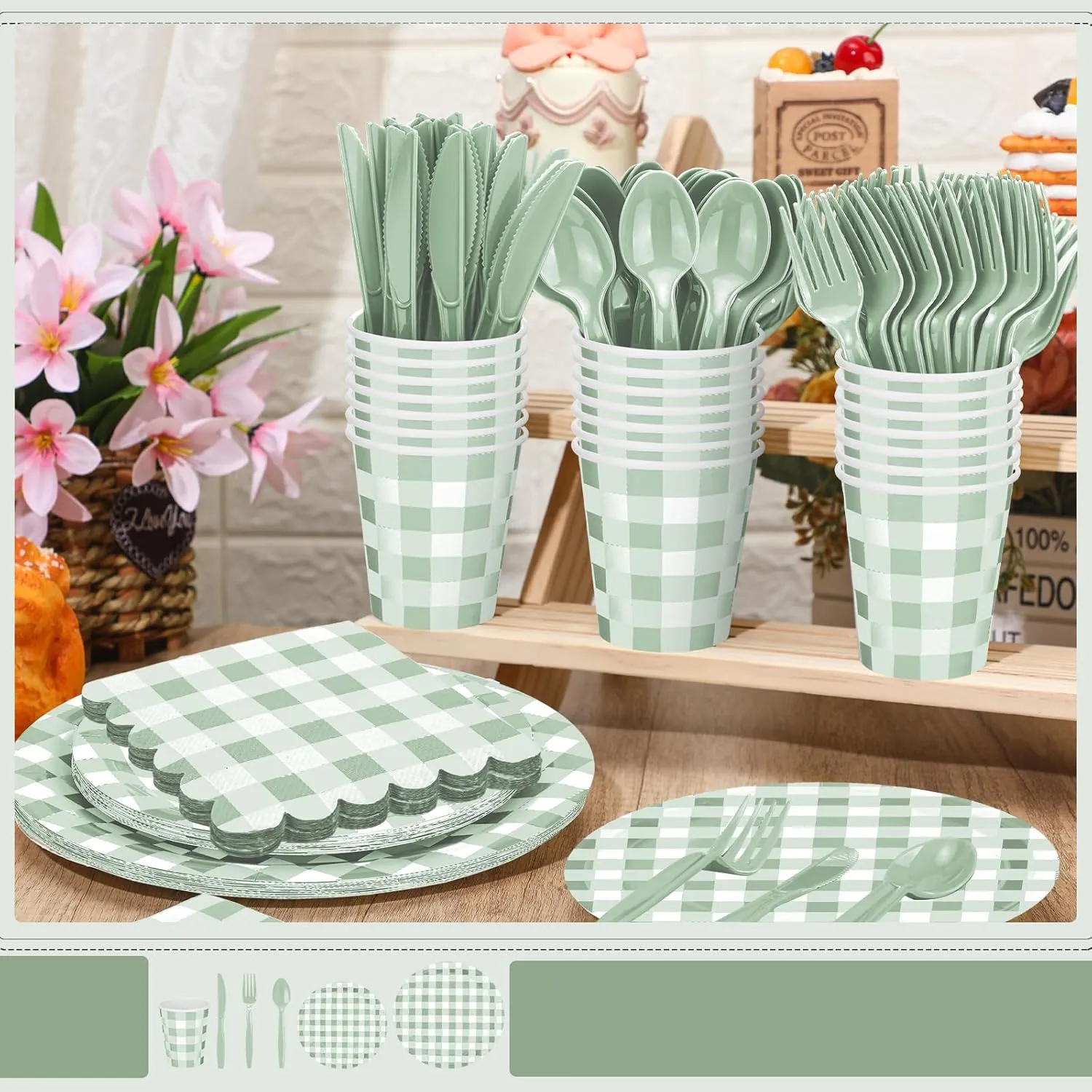 168 Pcs Gingham Party Supplies for 24 Guests Paper Plates Knives Spoons Forks Napkins Cups Disposable Set Cutlery for Checkered Dinner Wedding Party Favor(Sage Green)