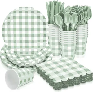 168 Pcs Gingham Party Supplies for 24 Guests Paper Plates Knives Spoons Forks Napkins Cups Disposable Set Cutlery for Checkered Dinner Wedding Party Favor(Sage Green)