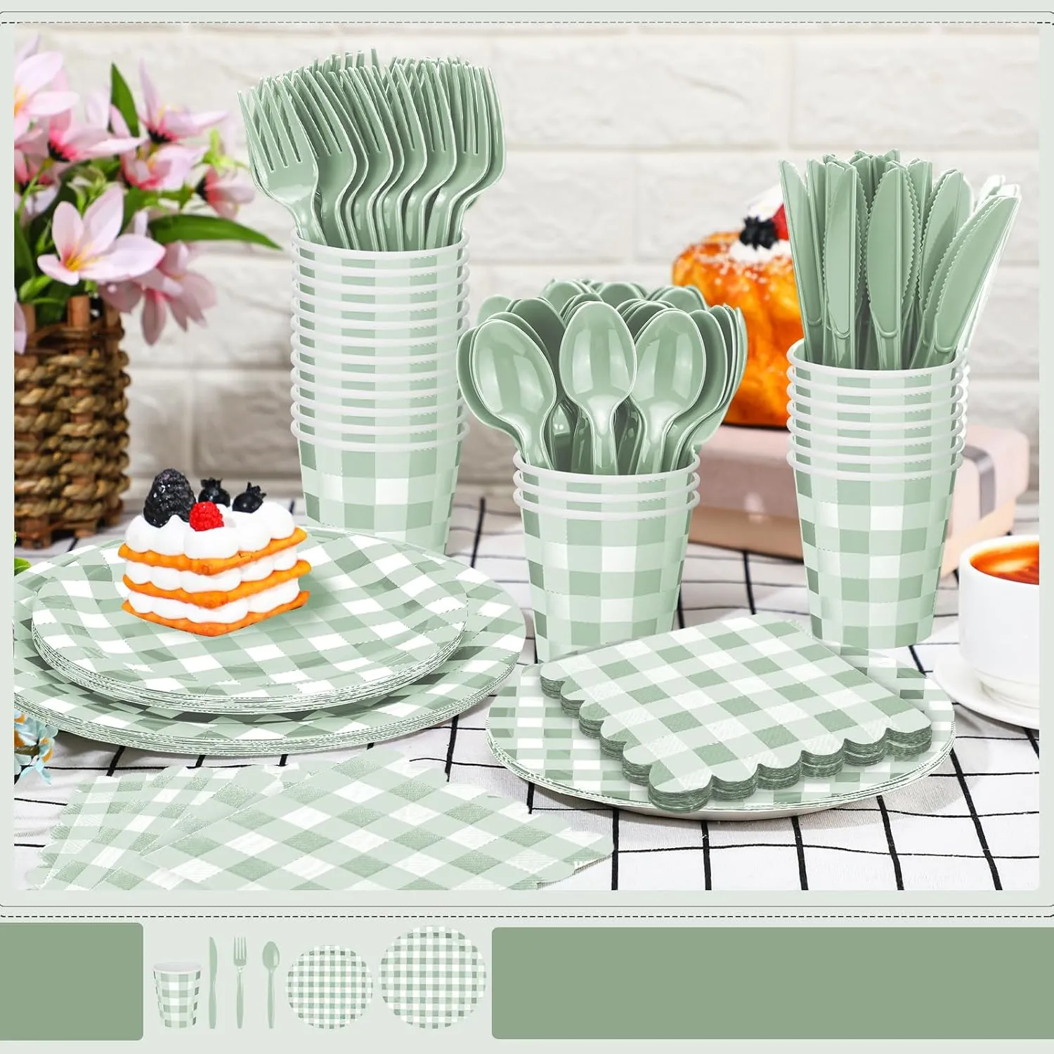 168 Pcs Gingham Party Supplies for 24 Guests Paper Plates Knives Spoons Forks Napkins Cups Disposable Set Cutlery for Checkered Dinner Wedding Party Favor(Sage Green)