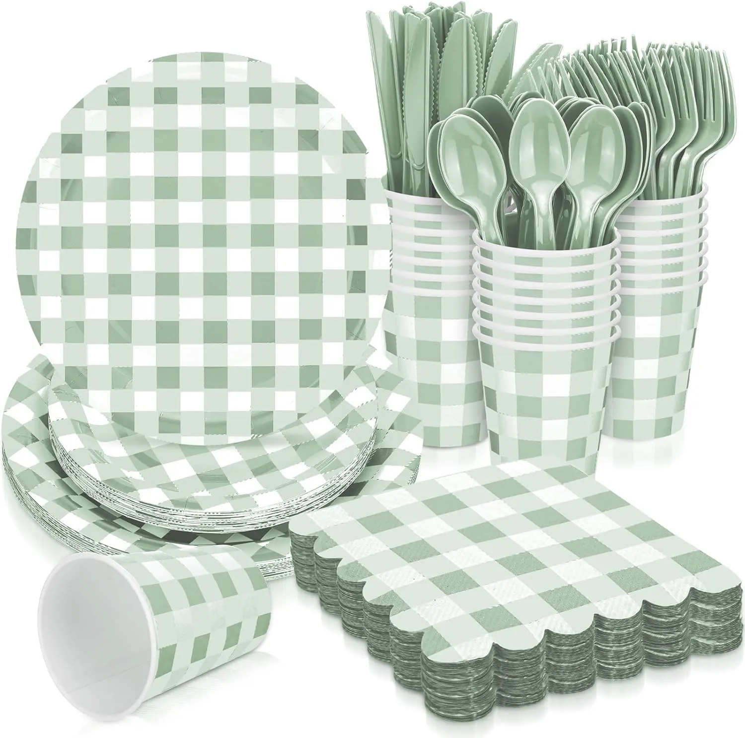 168 Pcs Gingham Party Supplies for 24 Guests Paper Plates Knives Spoons Forks Napkins Cups Disposable Set Cutlery for Checkered Dinner Wedding Party Favor(Sage Green)