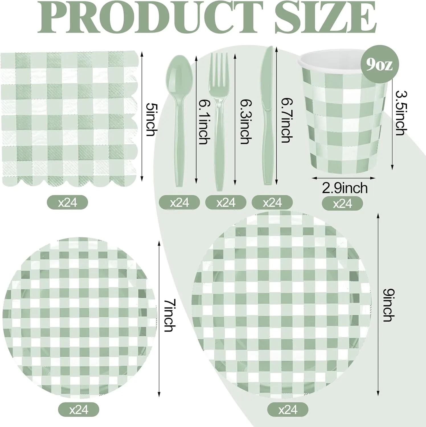 168 Pcs Gingham Party Supplies for 24 Guests Paper Plates Knives Spoons Forks Napkins Cups Disposable Set Cutlery for Checkered Dinner Wedding Party Favor(Sage Green)