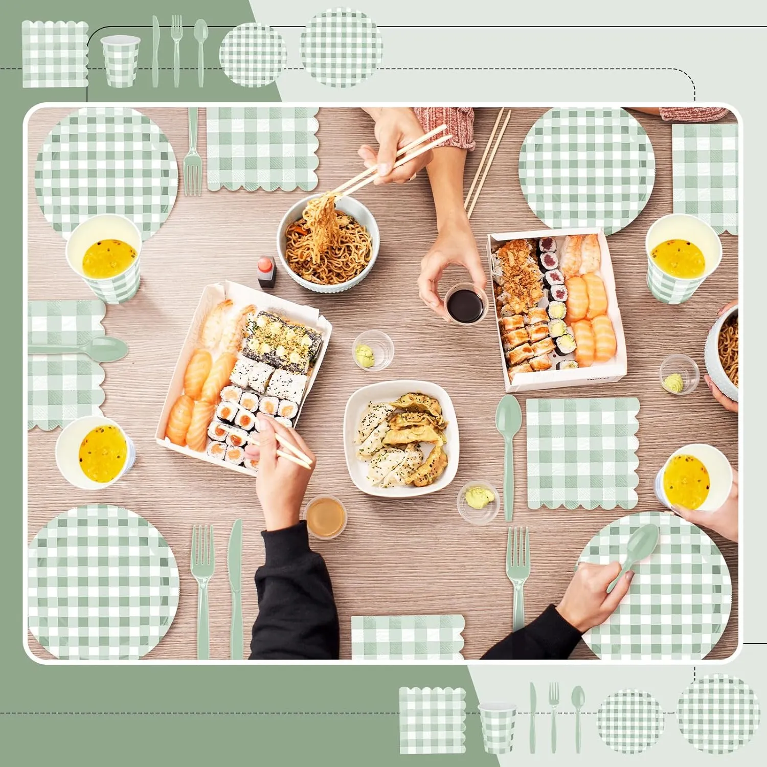168 Pcs Gingham Party Supplies for 24 Guests Paper Plates Knives Spoons Forks Napkins Cups Disposable Set Cutlery for Checkered Dinner Wedding Party Favor(Sage Green)