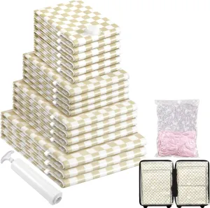 17Pack Vacuum Storage Bags, Vacuum Seal Bags for Clothing with Hand Pump, 3 Jumbo 4 Large 4 Medium 6 Small, 80% Space Saver Bags for Luggage,Comforters,Blankets, Home Travel Essentials(Khaki Check)