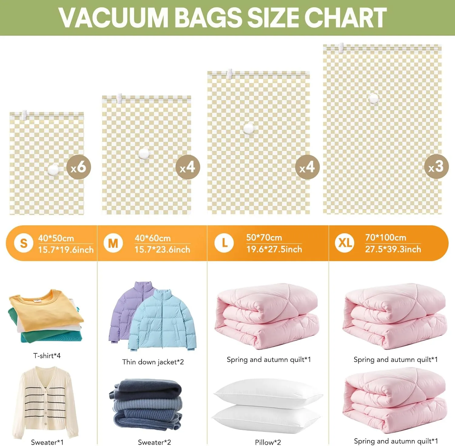 17Pack Vacuum Storage Bags, Vacuum Seal Bags for Clothing with Hand Pump, 3 Jumbo 4 Large 4 Medium 6 Small, 80% Space Saver Bags for Luggage,Comforters,Blankets, Home Travel Essentials(Khaki Check)