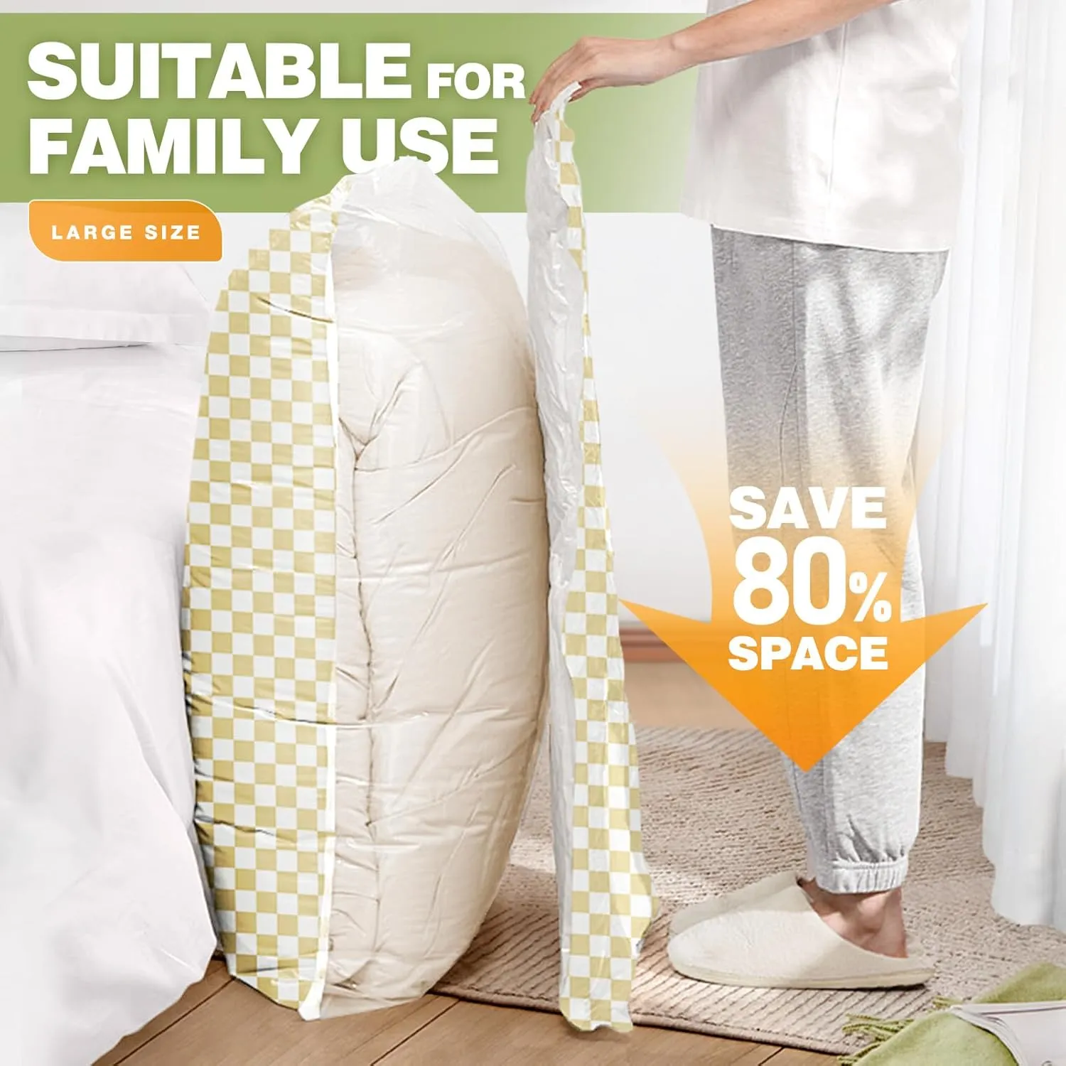 17Pack Vacuum Storage Bags, Vacuum Seal Bags for Clothing with Hand Pump, 3 Jumbo 4 Large 4 Medium 6 Small, 80% Space Saver Bags for Luggage,Comforters,Blankets, Home Travel Essentials(Khaki Check)