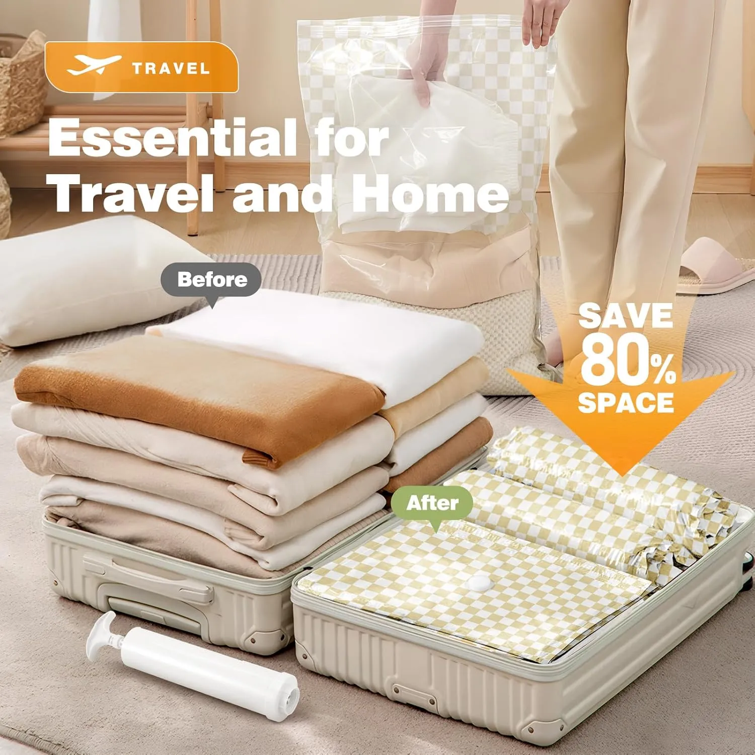17Pack Vacuum Storage Bags, Vacuum Seal Bags for Clothing with Hand Pump, 3 Jumbo 4 Large 4 Medium 6 Small, 80% Space Saver Bags for Luggage,Comforters,Blankets, Home Travel Essentials(Khaki Check)