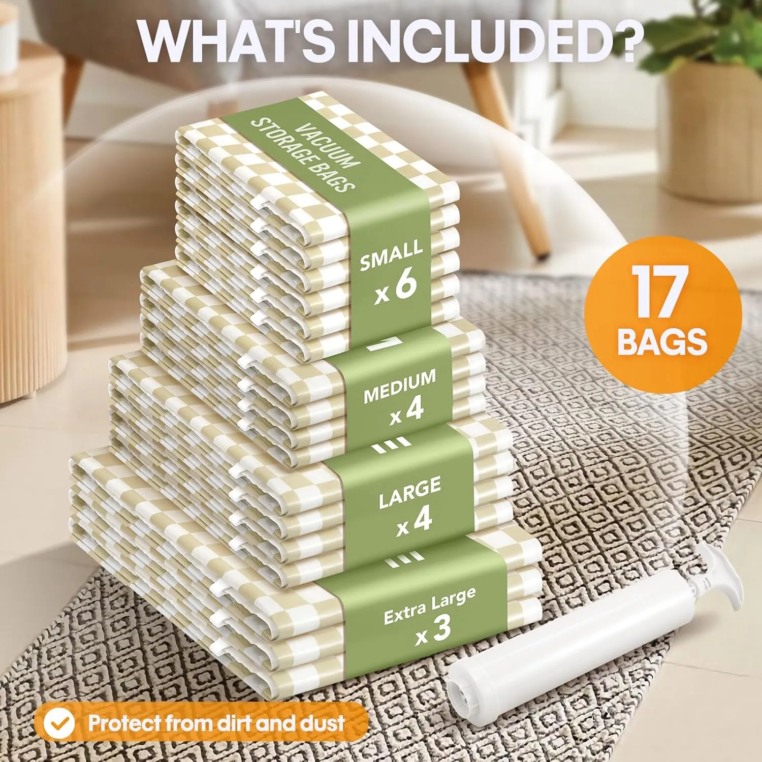 17Pack Vacuum Storage Bags, Vacuum Seal Bags for Clothing with Hand Pump, 3 Jumbo 4 Large 4 Medium 6 Small, 80% Space Saver Bags for Luggage,Comforters,Blankets, Home Travel Essentials(Khaki Check)