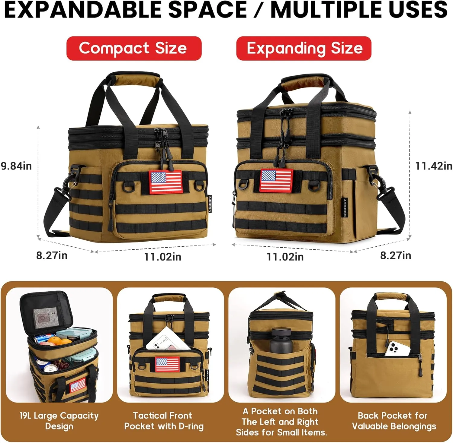 19L Tactical Lunch Box for Men Heavy Duty Insulated Lunch Bags for Adults Expandable Double Deck Leakproof Large Lunch Bag Cooler for Work Picnic Travel(Khaki)