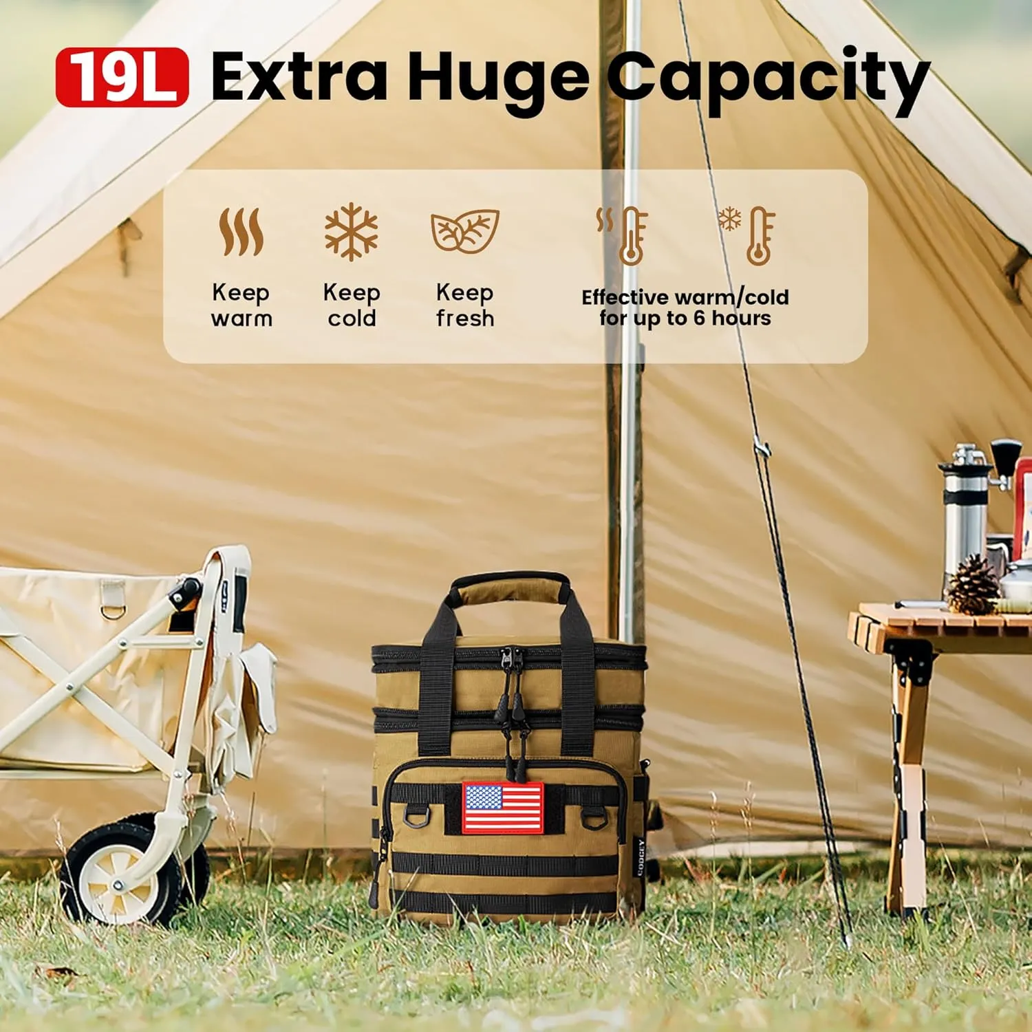 19L Tactical Lunch Box for Men Heavy Duty Insulated Lunch Bags for Adults Expandable Double Deck Leakproof Large Lunch Bag Cooler for Work Picnic Travel(Khaki)