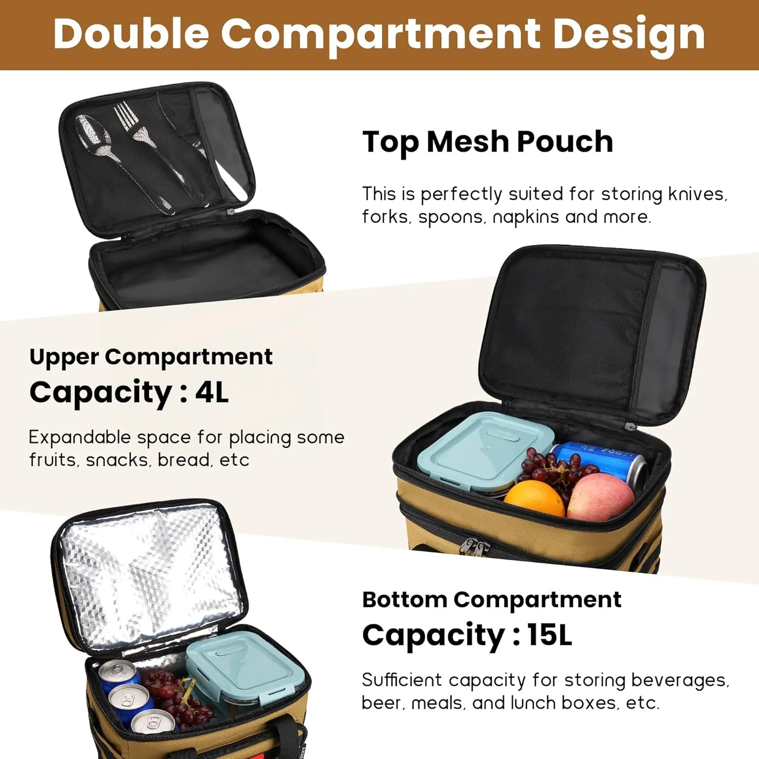 19L Tactical Lunch Box for Men Heavy Duty Insulated Lunch Bags for Adults Expandable Double Deck Leakproof Large Lunch Bag Cooler for Work Picnic Travel(Khaki)