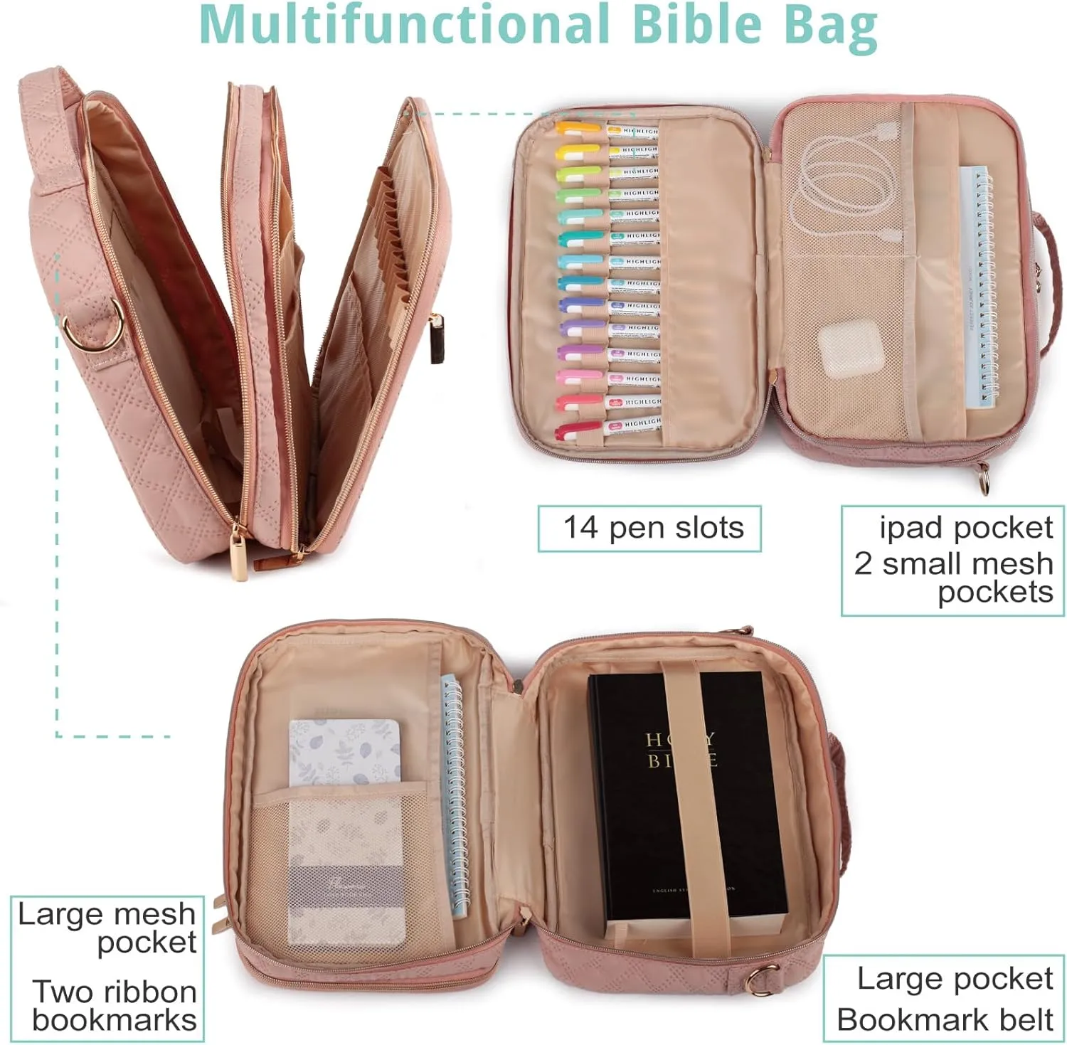 2 Compartment Bible Cover for Women,Large Bible Case with Handles Shoulder Strap,Carrying Bible Bag Scripture Case Church Bag Bible Protective with Pocket