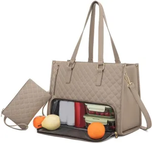 2 in 1 Tote Bag Lunch Bag Combo, 15.6 Inch Leakproof Tote Bags with Insulated Lunch Compartment, Large Capacity Computer Handbags for Women, Laptop Handbags with Purse for Business, Work (Khaki)