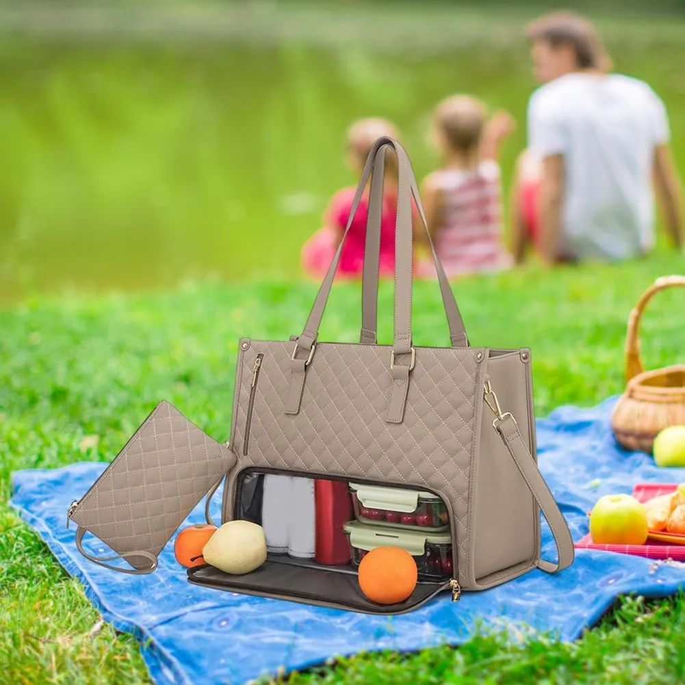 2 in 1 Tote Bag Lunch Bag Combo, 15.6 Inch Leakproof Tote Bags with Insulated Lunch Compartment, Large Capacity Computer Handbags for Women, Laptop Handbags with Purse for Business, Work (Khaki)