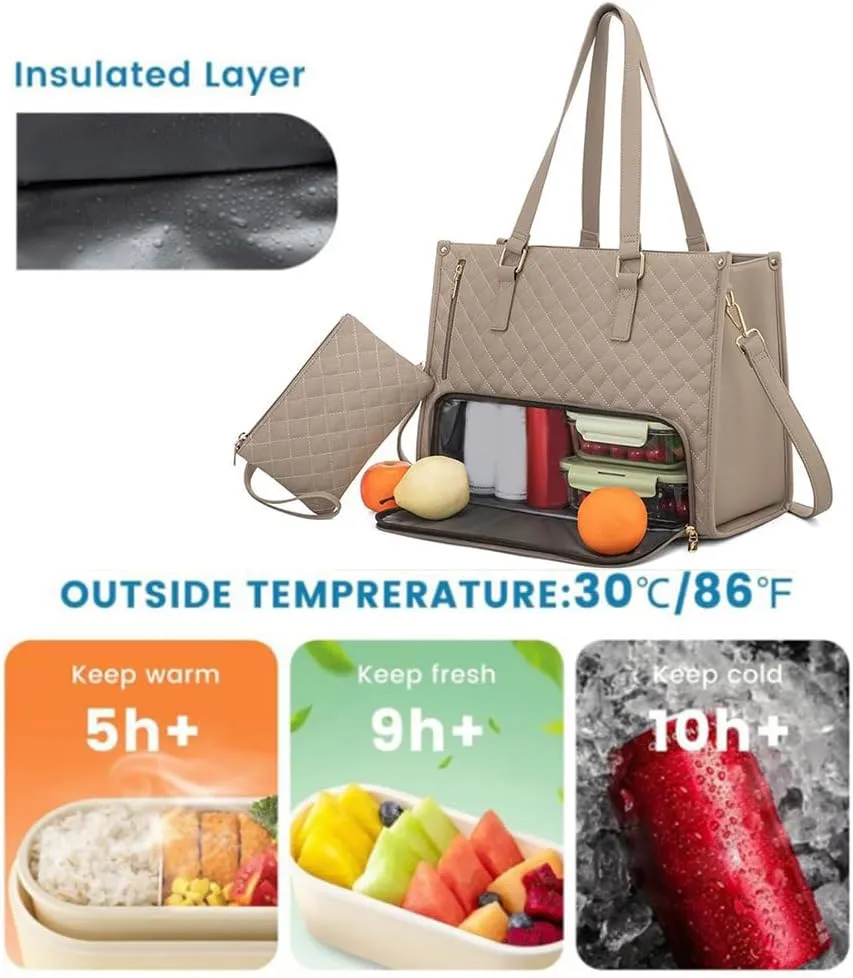 2 in 1 Tote Bag Lunch Bag Combo, 15.6 Inch Leakproof Tote Bags with Insulated Lunch Compartment, Large Capacity Computer Handbags for Women, Laptop Handbags with Purse for Business, Work (Khaki)