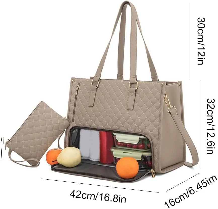 2 in 1 Tote Bag Lunch Bag Combo, 15.6 Inch Leakproof Tote Bags with Insulated Lunch Compartment, Large Capacity Computer Handbags for Women, Laptop Handbags with Purse for Business, Work (Khaki)