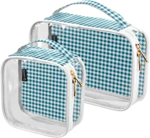 2 Pack Clear Makeup Bag, Blue Gingham Check Pattern Cosmetic Organizer Waterproof Travel Toiletry Bags for Women Transparent Handbag Purse
