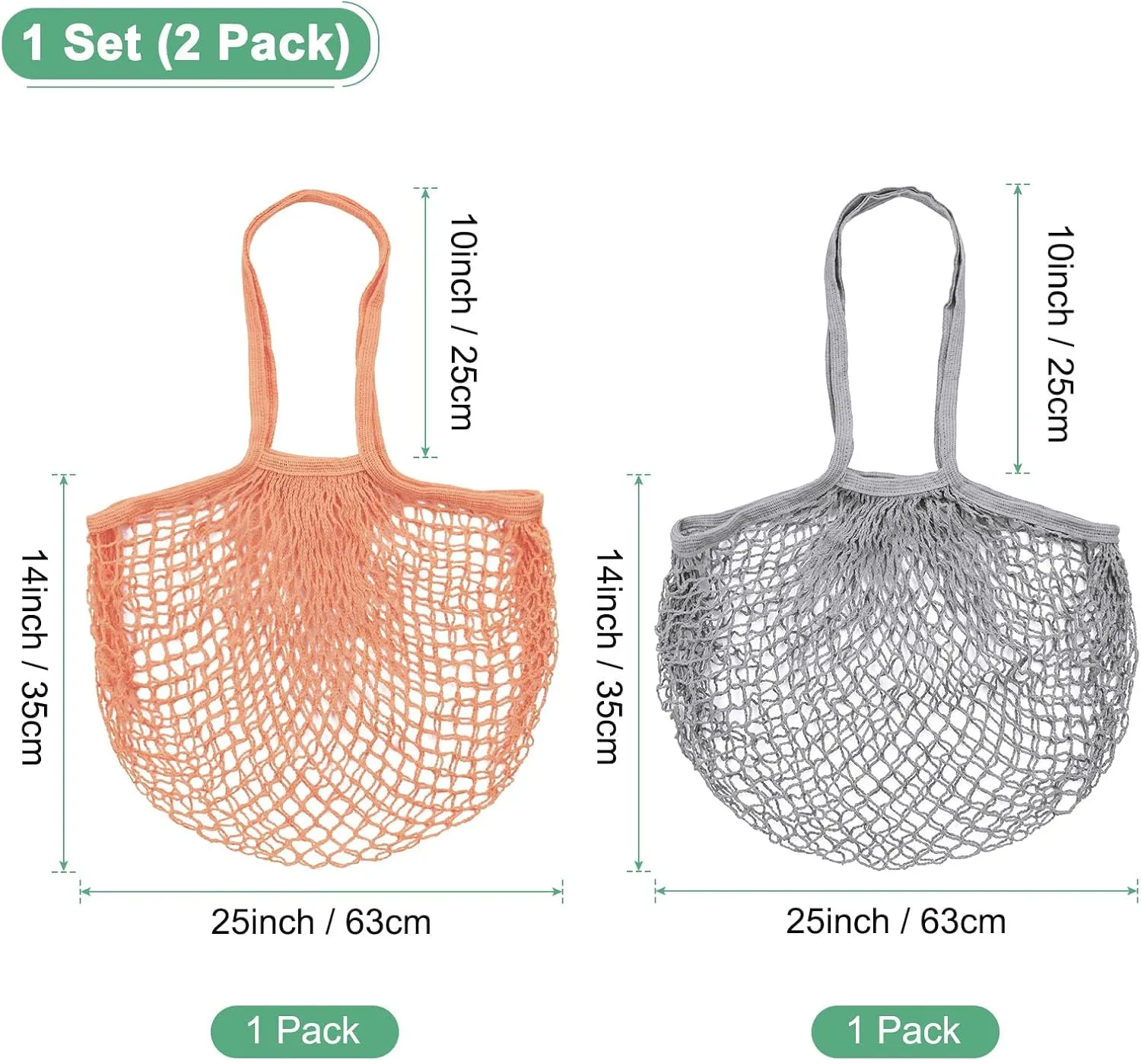 2-Pack Cotton Mesh Bag, Reusable Washable Mesh Net String Grocery Bags, Reusable Produce Bags with Handle, Net Tote Bag for Fruits Shopping [Gray, Pink Brown, Long Handle]