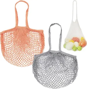 2-Pack Cotton Mesh Bag, Reusable Washable Mesh Net String Grocery Bags, Reusable Produce Bags with Handle, Net Tote Bag for Fruits Shopping [Gray, Pink Brown, Long Handle]