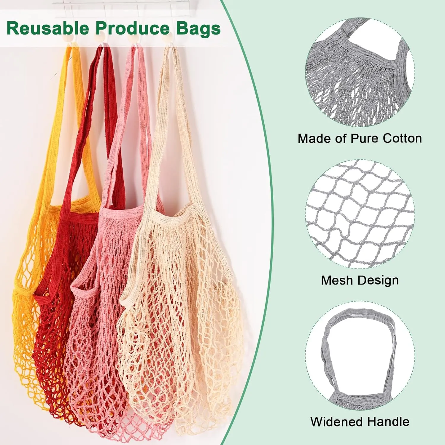 2-Pack Cotton Mesh Bag, Reusable Washable Mesh Net String Grocery Bags, Reusable Produce Bags with Handle, Net Tote Bag for Fruits Shopping [Gray, Pink Brown, Long Handle]