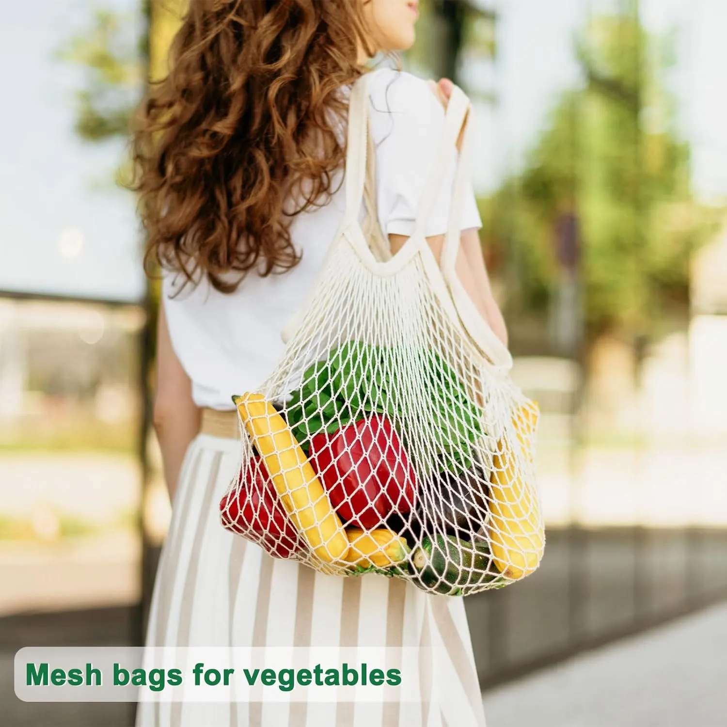 2-Pack Cotton Mesh Bag, Reusable Washable Mesh Net String Grocery Bags, Reusable Produce Bags with Handle, Net Tote Bag for Fruits Shopping [Gray, Pink Brown, Long Handle]