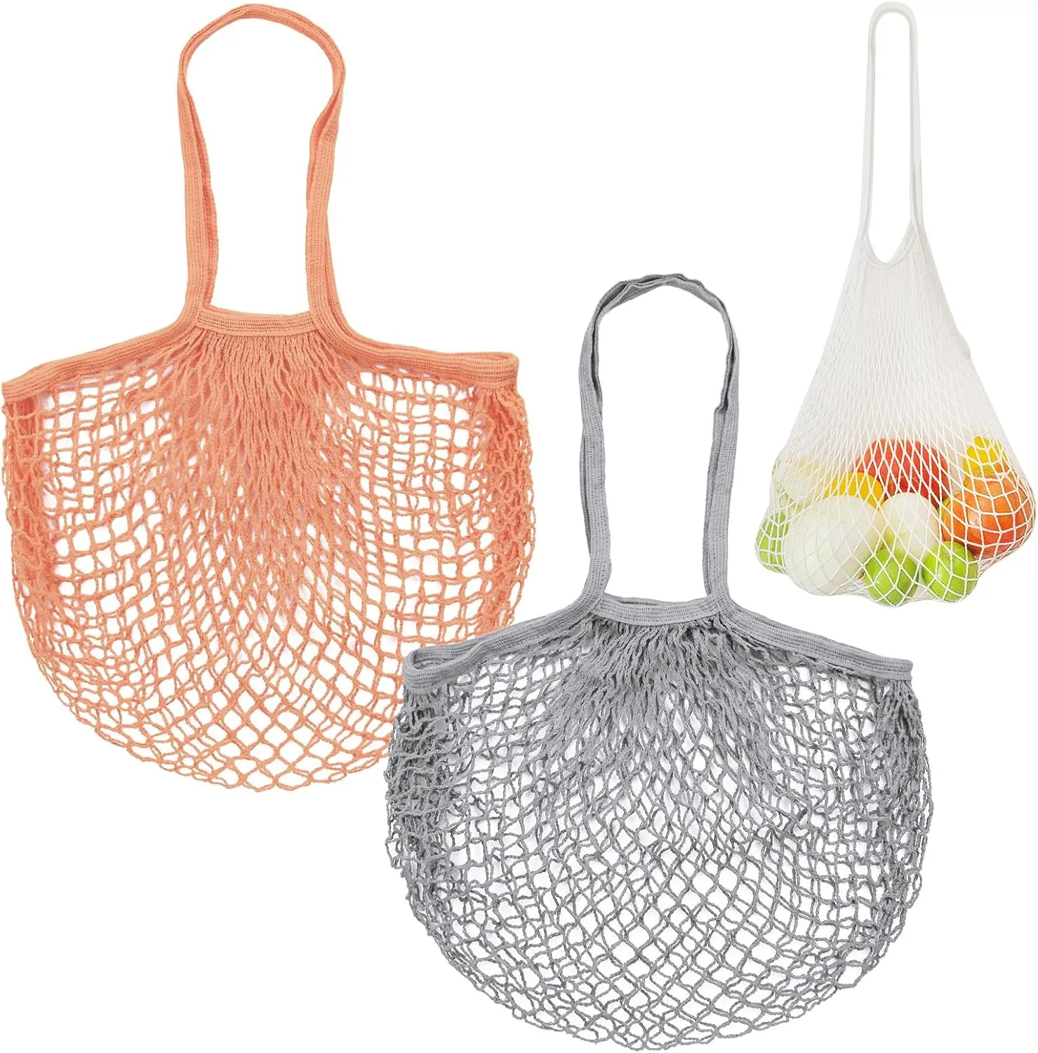 2-Pack Cotton Mesh Bag, Reusable Washable Mesh Net String Grocery Bags, Reusable Produce Bags with Handle, Net Tote Bag for Fruits Shopping [Gray, Pink Brown, Long Handle]