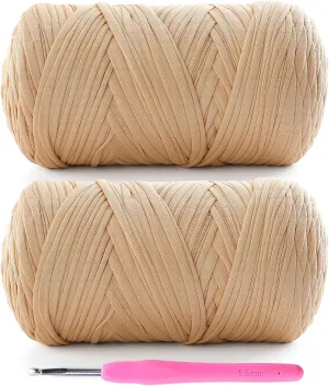 2 Pack Tshirt Yarn for Crochet - 800 g/260 yds T Shirt Yarn for Crocheting Bags/Baskets/Home Decor - Soft Elastic Fabric T-Shirt Yarn with 1 Crochet Hook (2, Khaki)