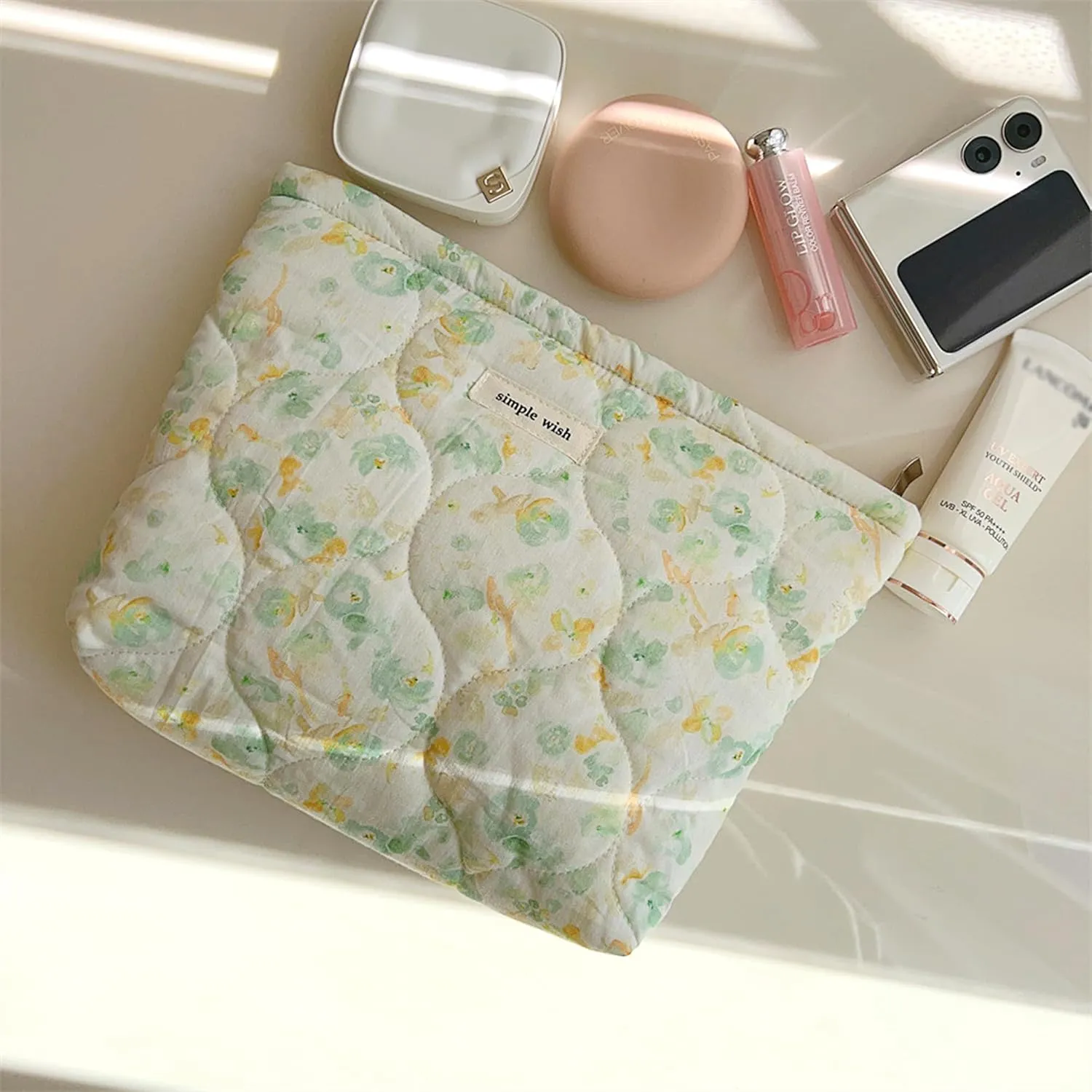 2 Pcs Floral Makeup Bag Large Travel Cotton Quilted Cosmetic Makeup Bag Organizer, Cute Coquette Aesthetic Zipper Portable Pouch Purse Storage Toiletry Bag for Women Girls accessories