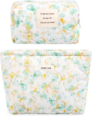 2 Pcs Floral Makeup Bag Large Travel Cotton Quilted Cosmetic Makeup Bag Organizer, Cute Coquette Aesthetic Zipper Portable Pouch Purse Storage Toiletry Bag for Women Girls accessories