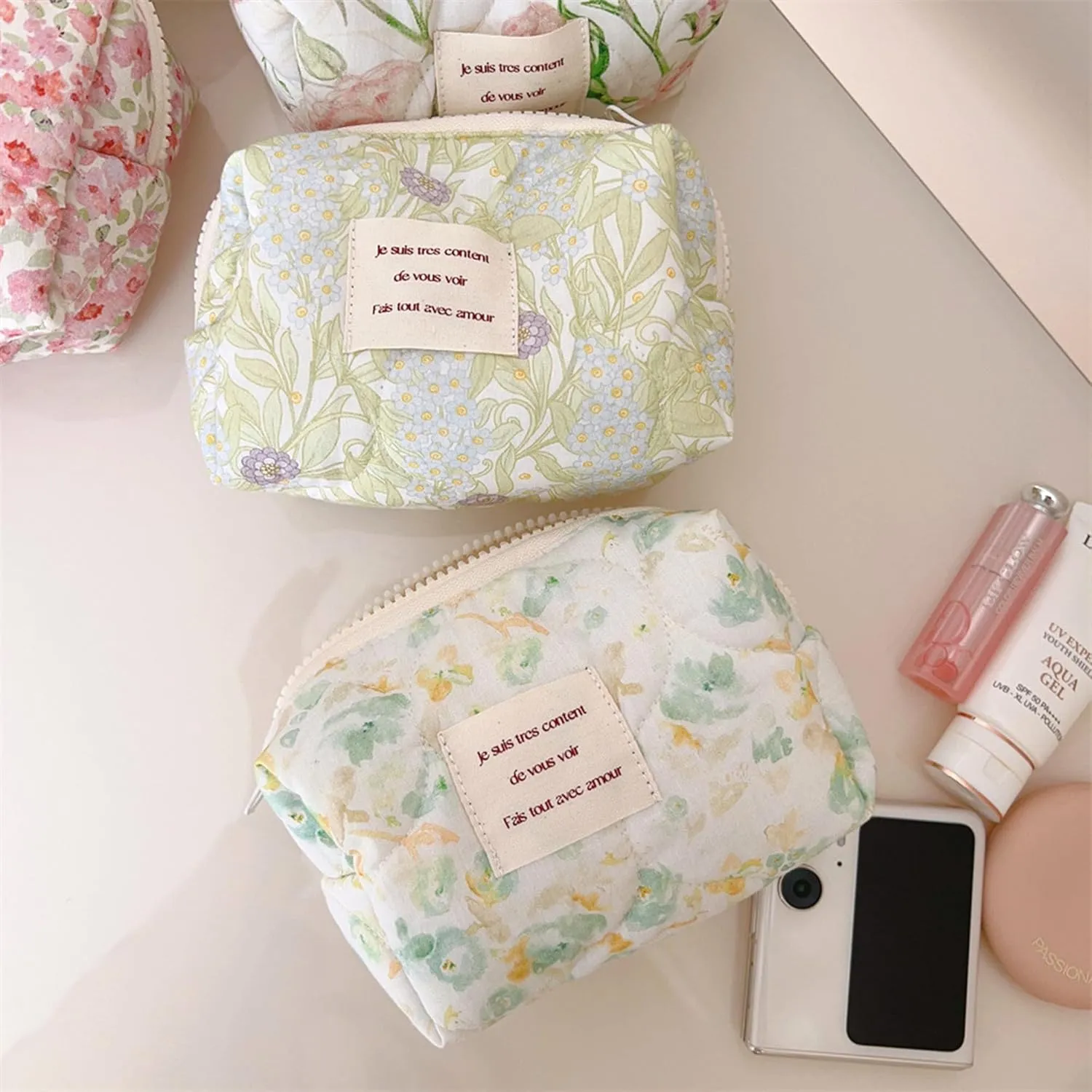 2 Pcs Floral Makeup Bag Large Travel Cotton Quilted Cosmetic Makeup Bag Organizer, Cute Coquette Aesthetic Zipper Portable Pouch Purse Storage Toiletry Bag for Women Girls accessories