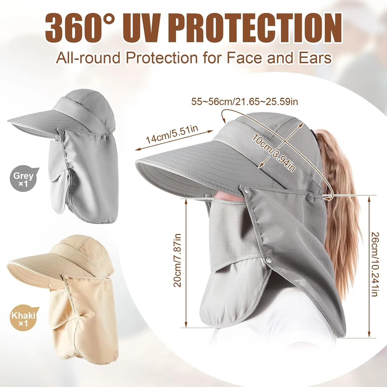 2 Pcs Ponytail Sun Hat for Women Outdoor UPF 50  UV Sun Protection Face Neck Cover Wide Brim Summer Cap for Men