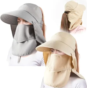 2 Pcs Ponytail Sun Hat for Women Outdoor UPF 50  UV Sun Protection Face Neck Cover Wide Brim Summer Cap for Men