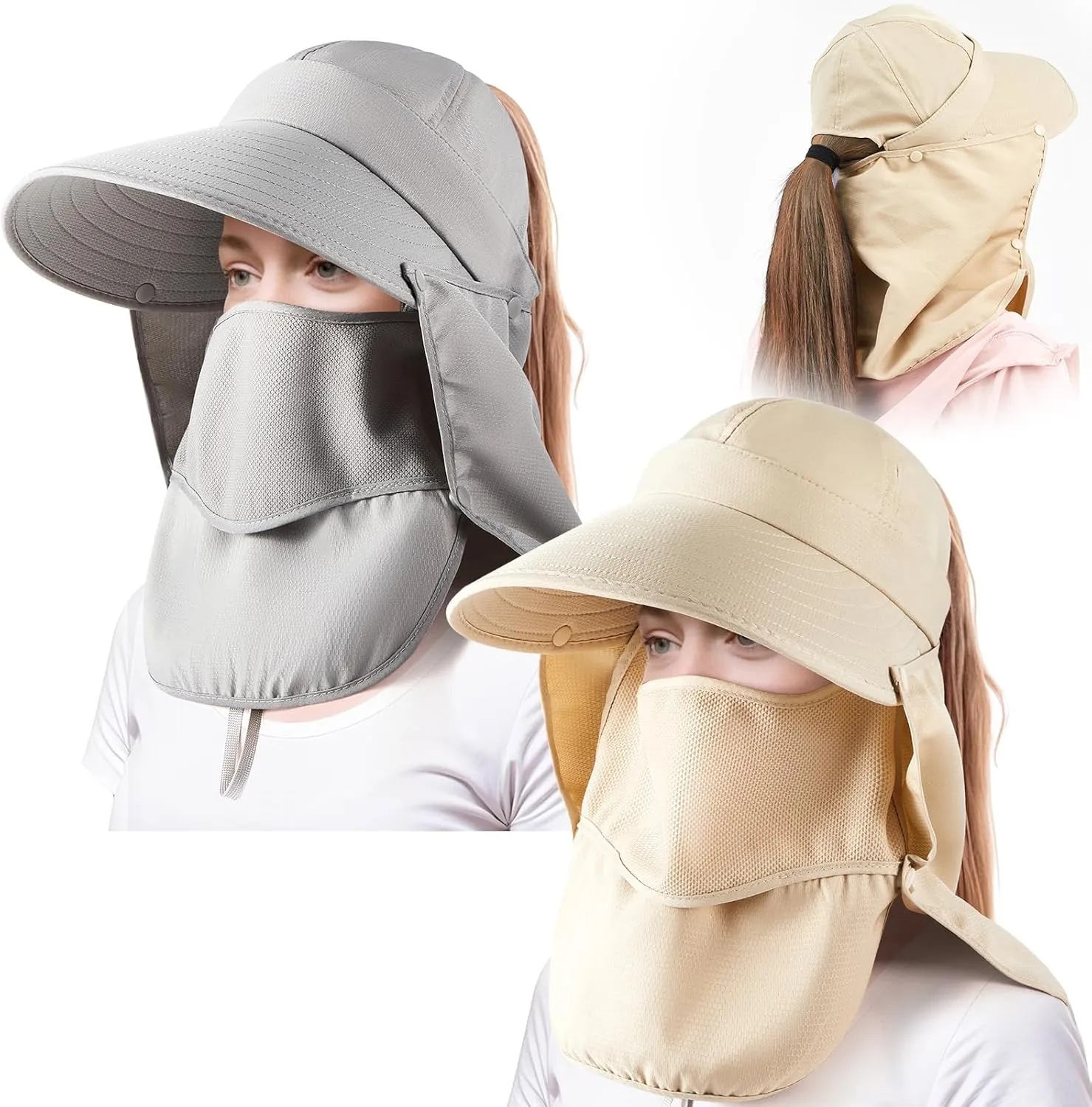 2 Pcs Ponytail Sun Hat for Women Outdoor UPF 50  UV Sun Protection Face Neck Cover Wide Brim Summer Cap for Men