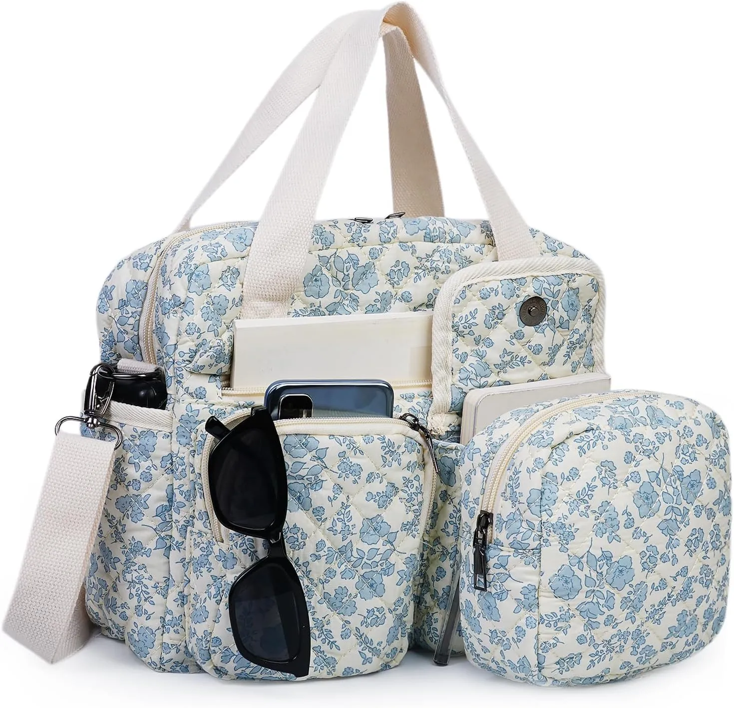 2 PCS/Set Small Cute Floral Quilted Tote Bag with Multi-Pockets for Women, Crossbody Shoulder Everyday Handbags