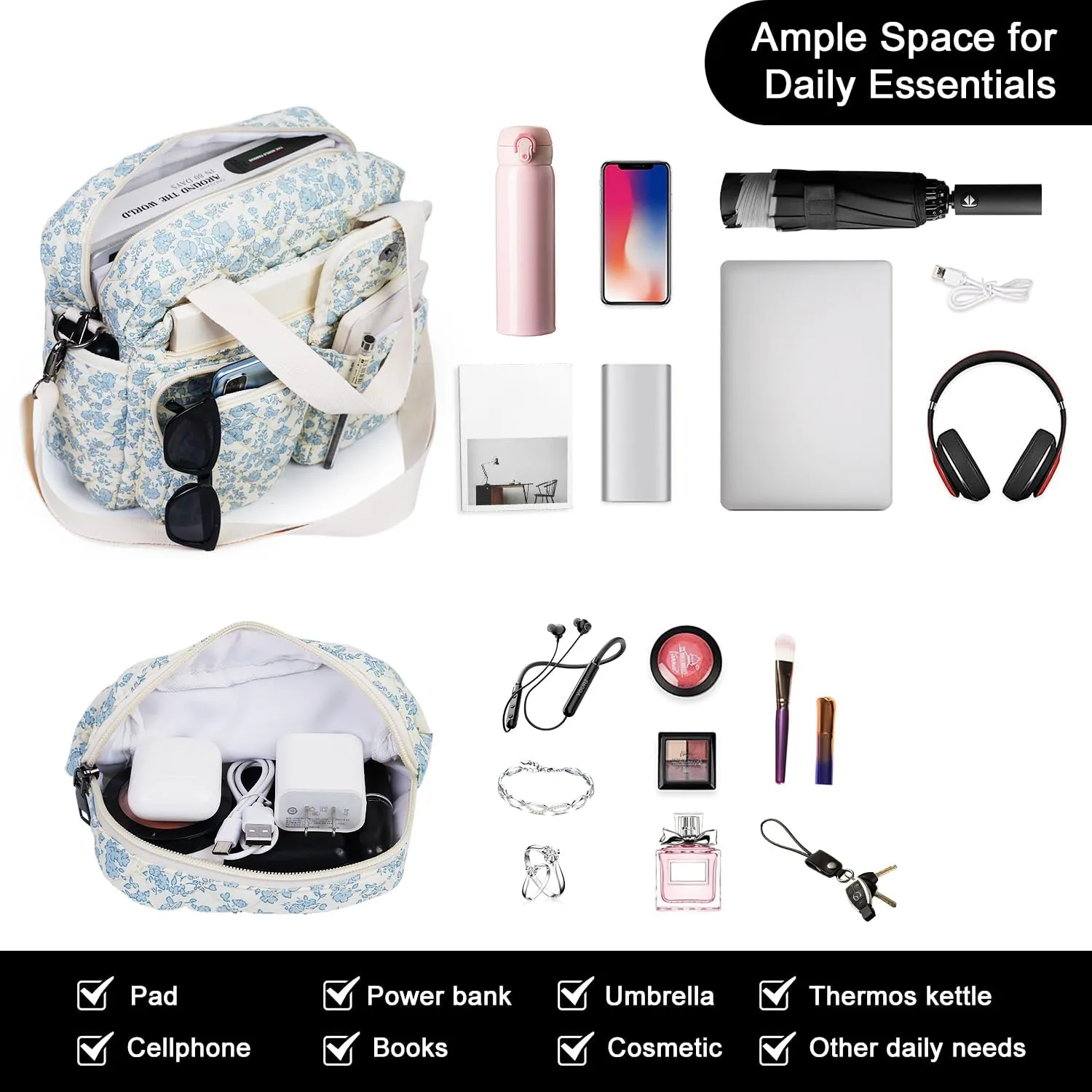 2 PCS/Set Small Cute Floral Quilted Tote Bag with Multi-Pockets for Women, Crossbody Shoulder Everyday Handbags