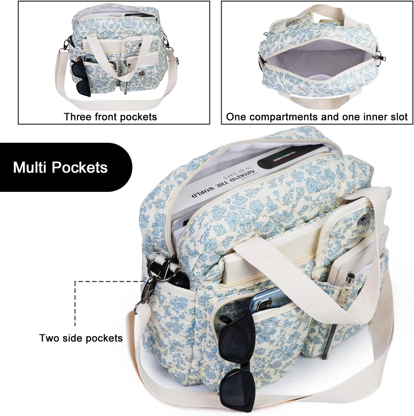 2 PCS/Set Small Cute Floral Quilted Tote Bag with Multi-Pockets for Women, Crossbody Shoulder Everyday Handbags