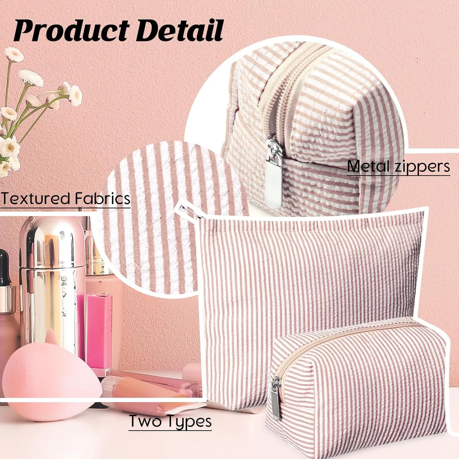 2 Pieces Makeup Bag Set Cute Cosmetic Pouch for Women Travel Toiletry Bag Preppy Small Makeup Purse Pouch Aesthetic Skincare Brushes Storage Organizer for Women(Khaki)