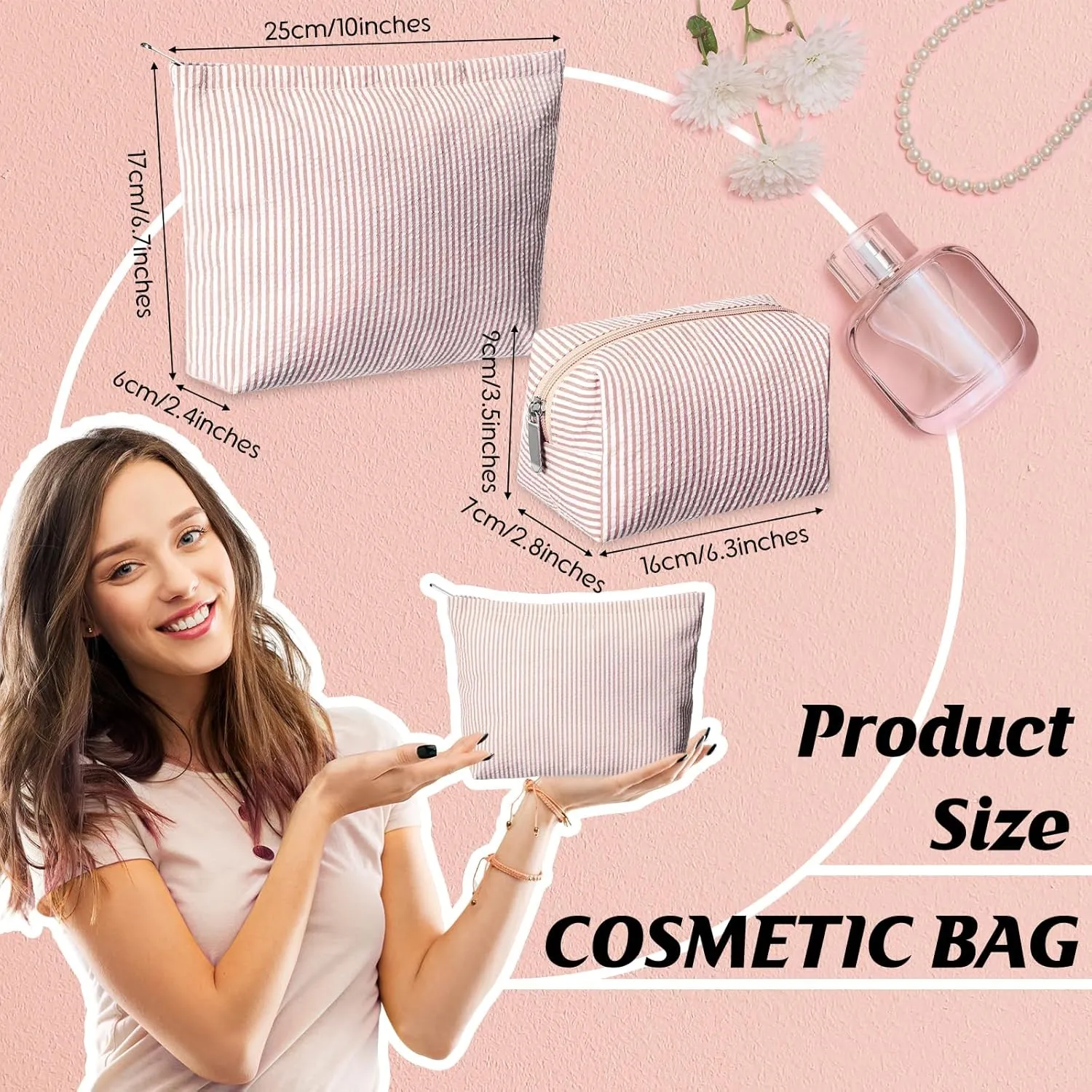 2 Pieces Makeup Bag Set Cute Cosmetic Pouch for Women Travel Toiletry Bag Preppy Small Makeup Purse Pouch Aesthetic Skincare Brushes Storage Organizer for Women(Khaki)
