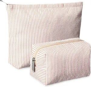 2 Pieces Makeup Bag Set Cute Cosmetic Pouch for Women Travel Toiletry Bag Preppy Small Makeup Purse Pouch Aesthetic Skincare Brushes Storage Organizer for Women(Khaki)