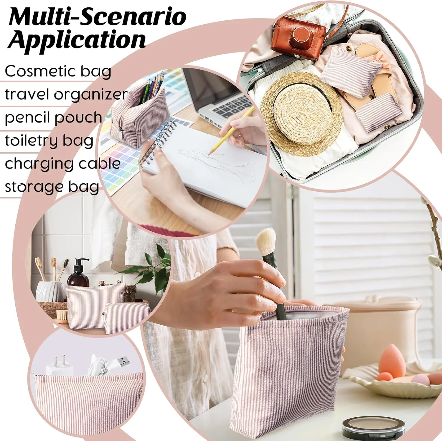 2 Pieces Makeup Bag Set Cute Cosmetic Pouch for Women Travel Toiletry Bag Preppy Small Makeup Purse Pouch Aesthetic Skincare Brushes Storage Organizer for Women(Khaki)
