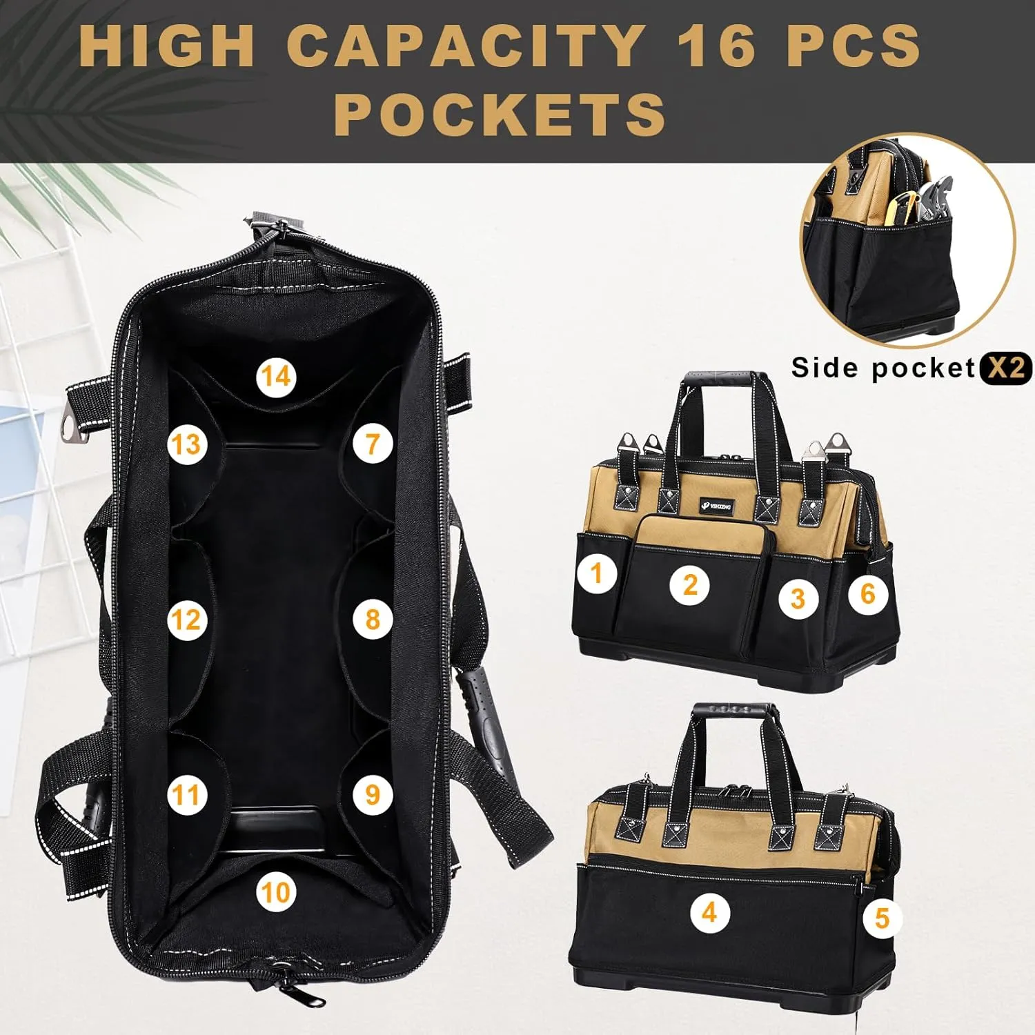 20 IN Large Tool Bag For Men Heavy Duty, Drill Bag Tool Bag Organizer, Wide Mouth Waterproof Hard Bottom Multiple Pockets Tool Tote, Tool Caddy, Maintenance