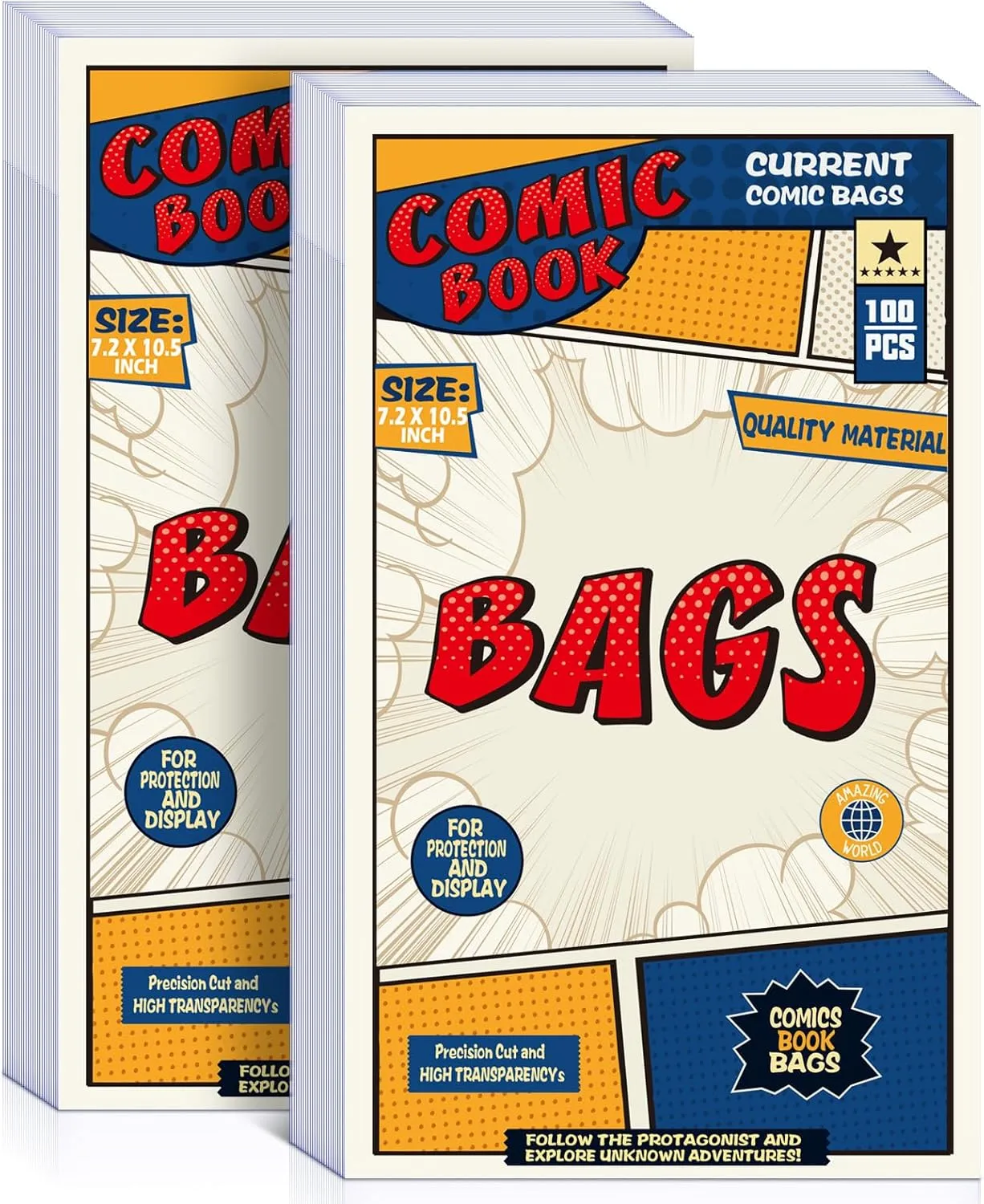 200 Count Comic Book Bags, Current Size Comic Bags 7.2 X 10.5 inch Transparent Acid-Free and Reusable Comic Book Sleeves for Regular Comics