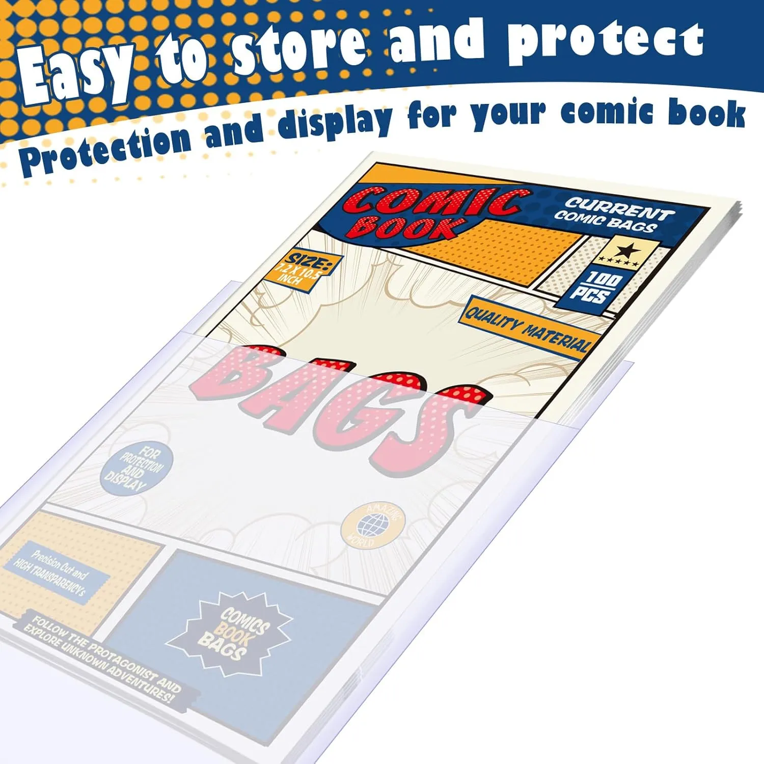 200 Count Comic Book Bags, Current Size Comic Bags 7.2 X 10.5 inch Transparent Acid-Free and Reusable Comic Book Sleeves for Regular Comics